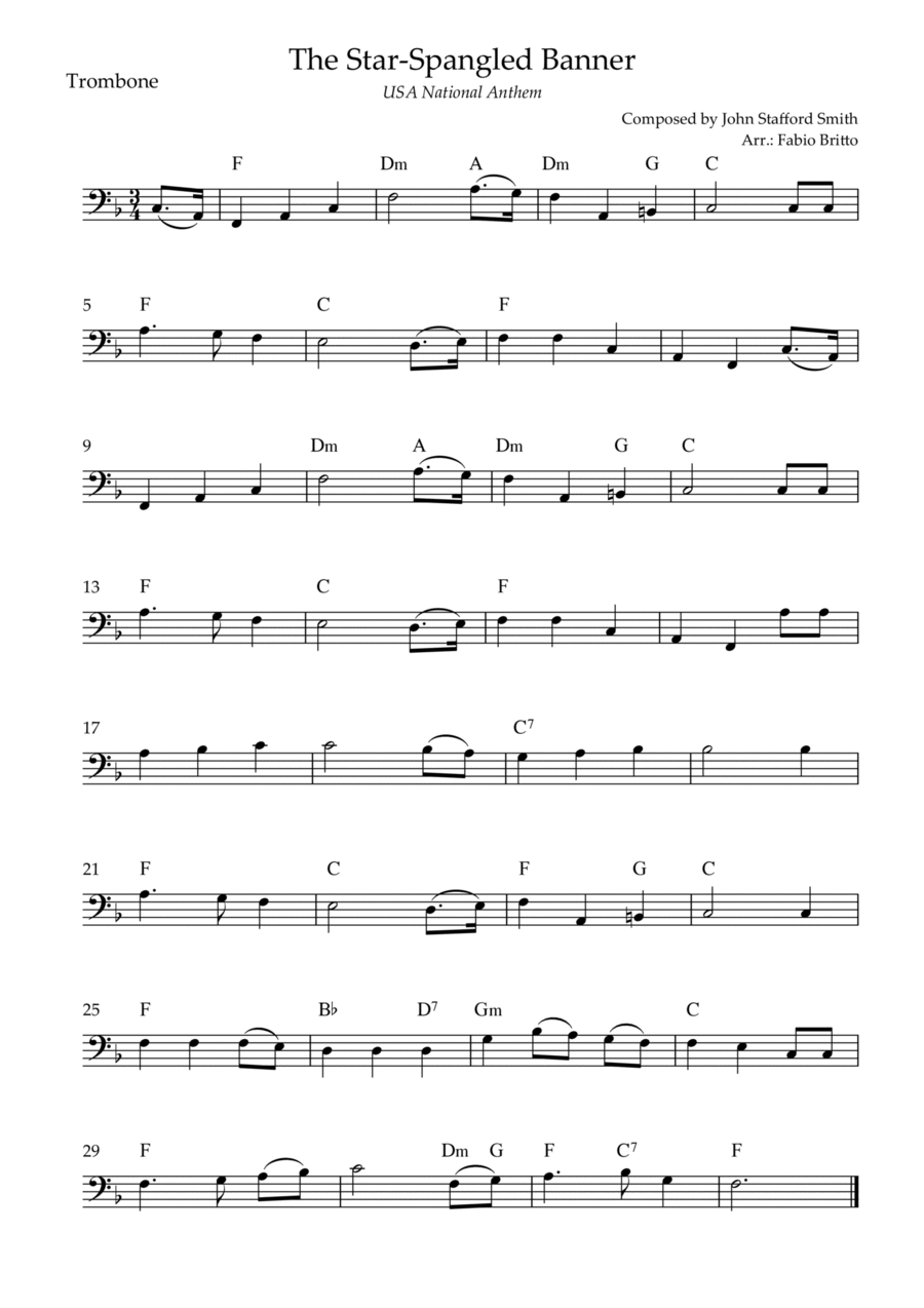 The Star Spangled Banner (USA National Anthem) for Trombone Solo with Chords (F Major) Trombone Solo scores gallery preview page 1