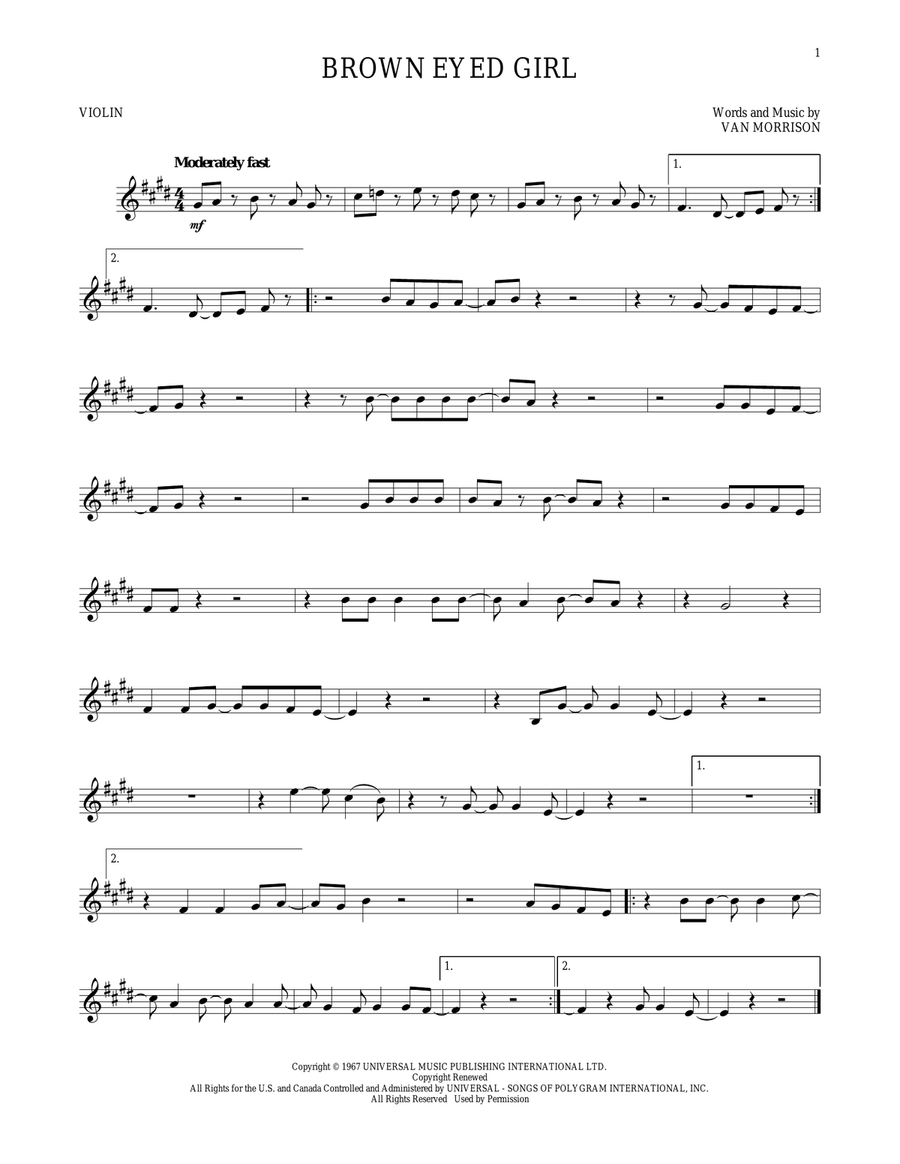 Brown Eyed Girl Violin Solo scores gallery preview page 1