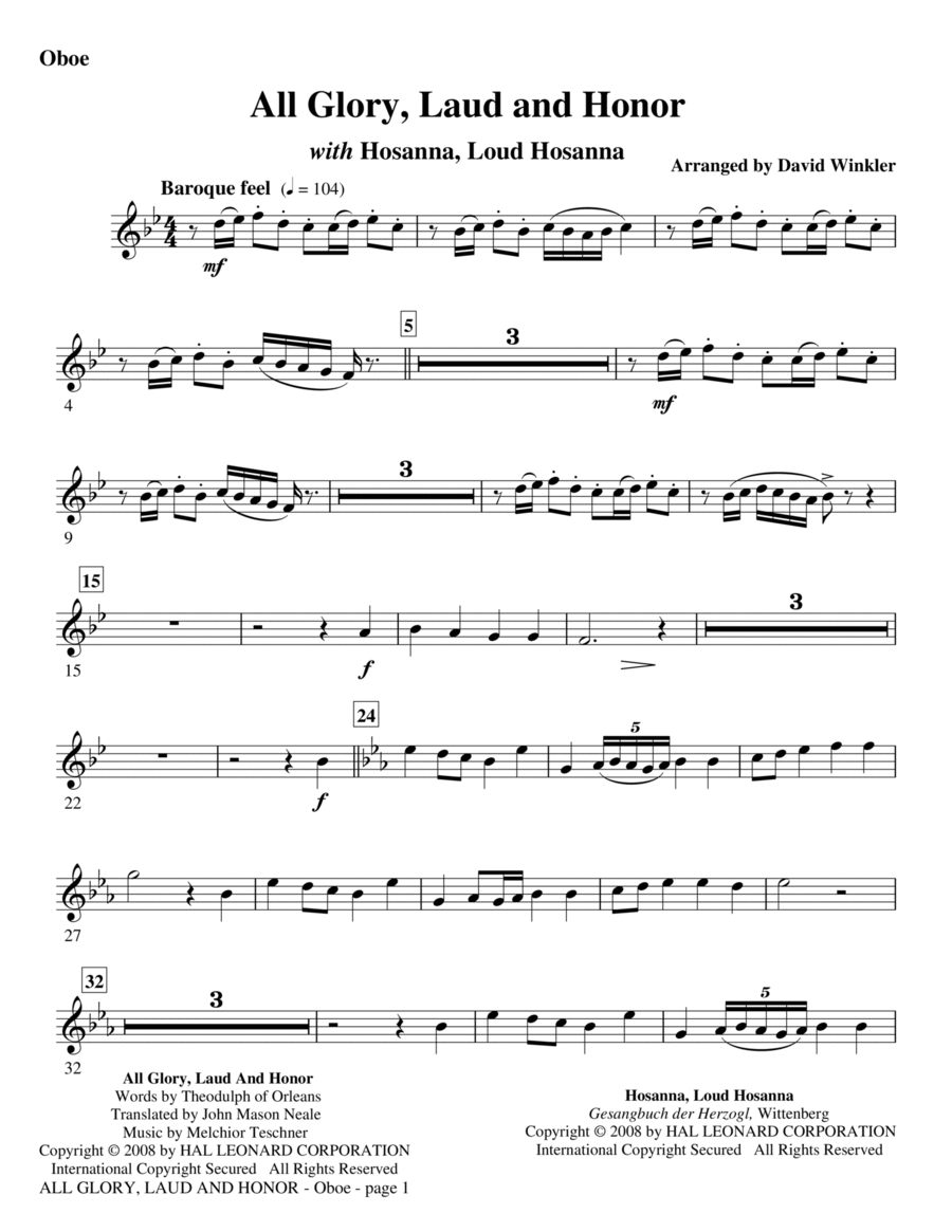 All Glory, Laud, And Honor (with Hosanna, Loud Hosanna) - Oboe Oboe scores gallery preview page 1