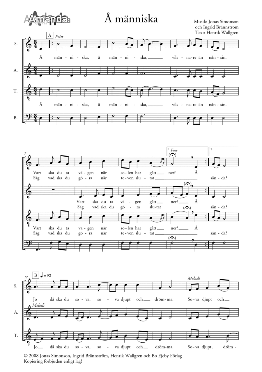 Å människa 4-Part scores gallery preview page 1