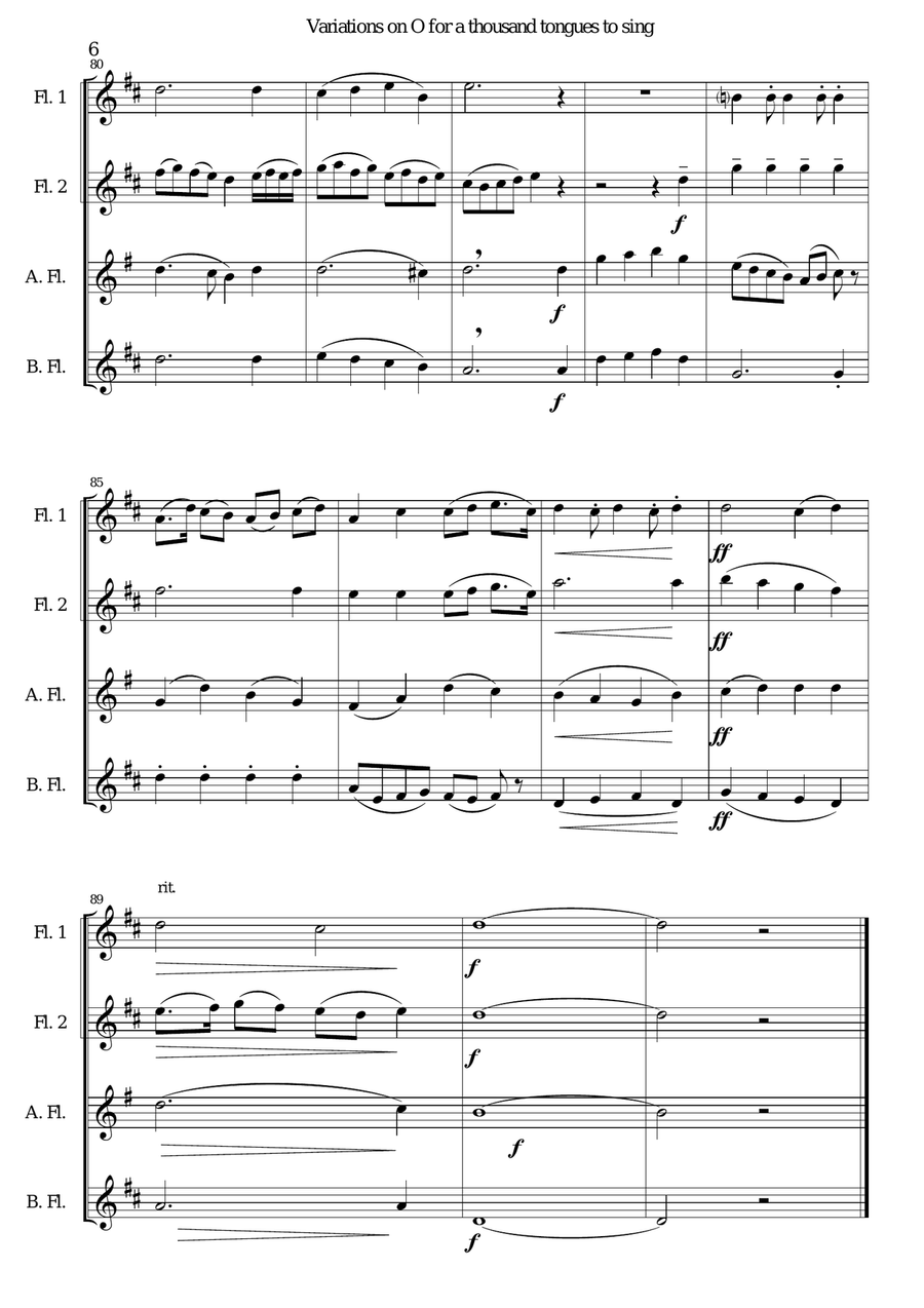 Variations on O for a thousand tongues to sing for Flute Quartet (2 flutes, alto and bass flutes) Flute Quartet scores gallery preview page 6