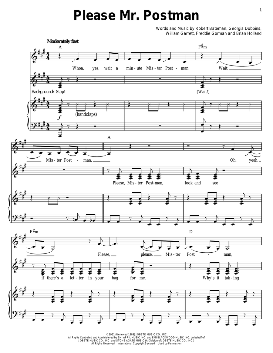 Please Mr. Postman Piano, Vocal scores gallery preview page 1