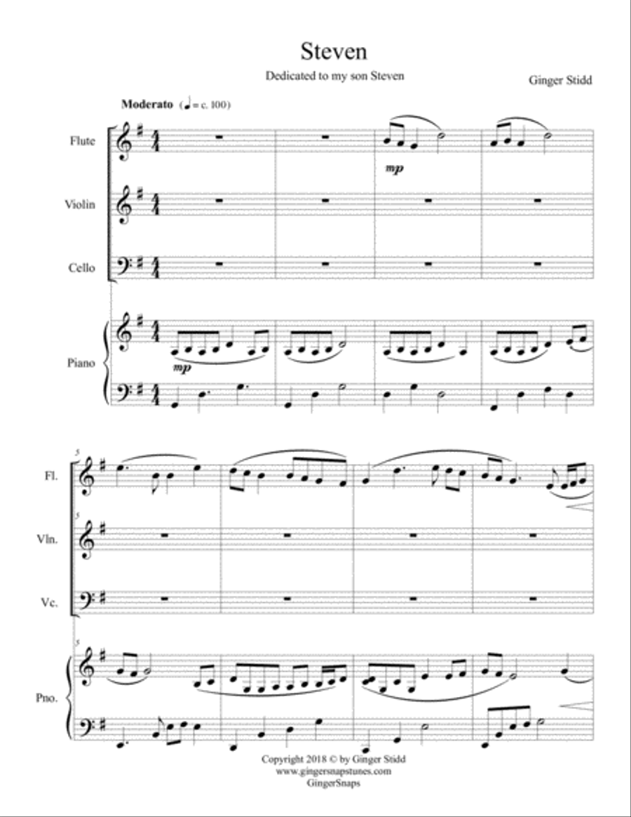 Steven (Piano with Flute, Violin and Cello) Woodwind Quartet scores gallery preview page 1