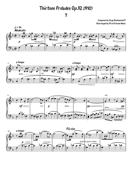 Serge Rachmaninoff 13 Prelude Op. 32 No. 7 (piano easy/intermediate arrrangment) image number null