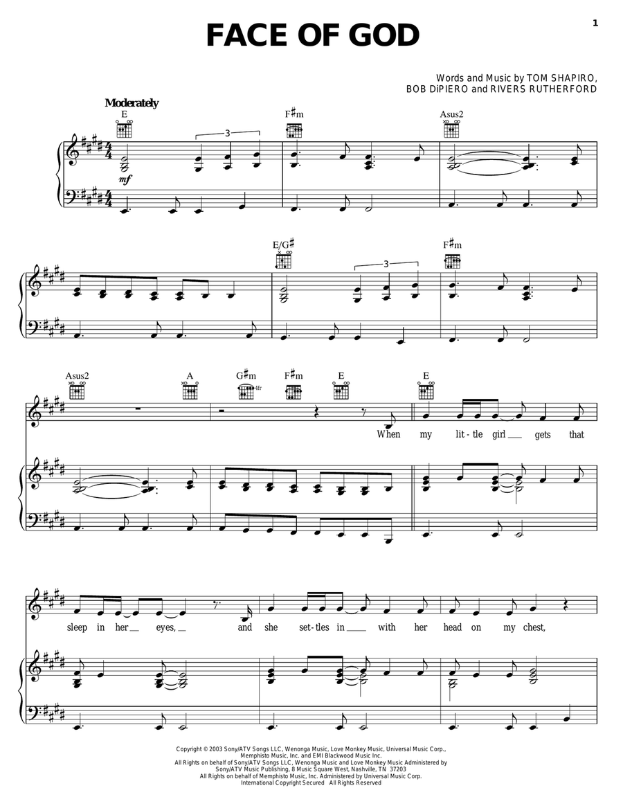Face Of God Face Of God Piano, Vocal, Guitar scores gallery preview page 1