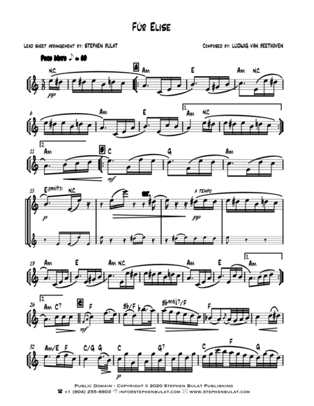 Für Elise (Beethoven) - Lead sheet in original key of Am