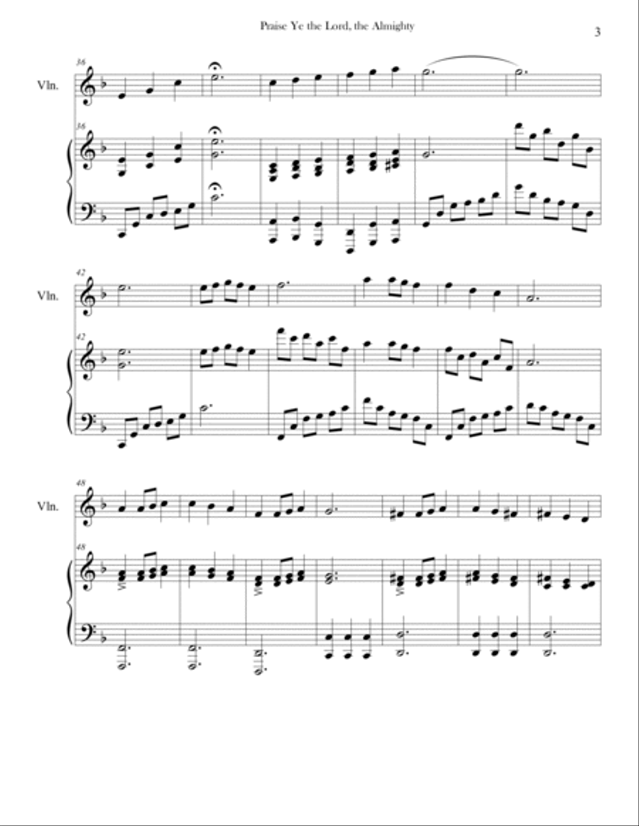 Praise Ye the Lord, the Almighty (Advanced Piano & Violin) Violin Solo scores gallery preview page 3