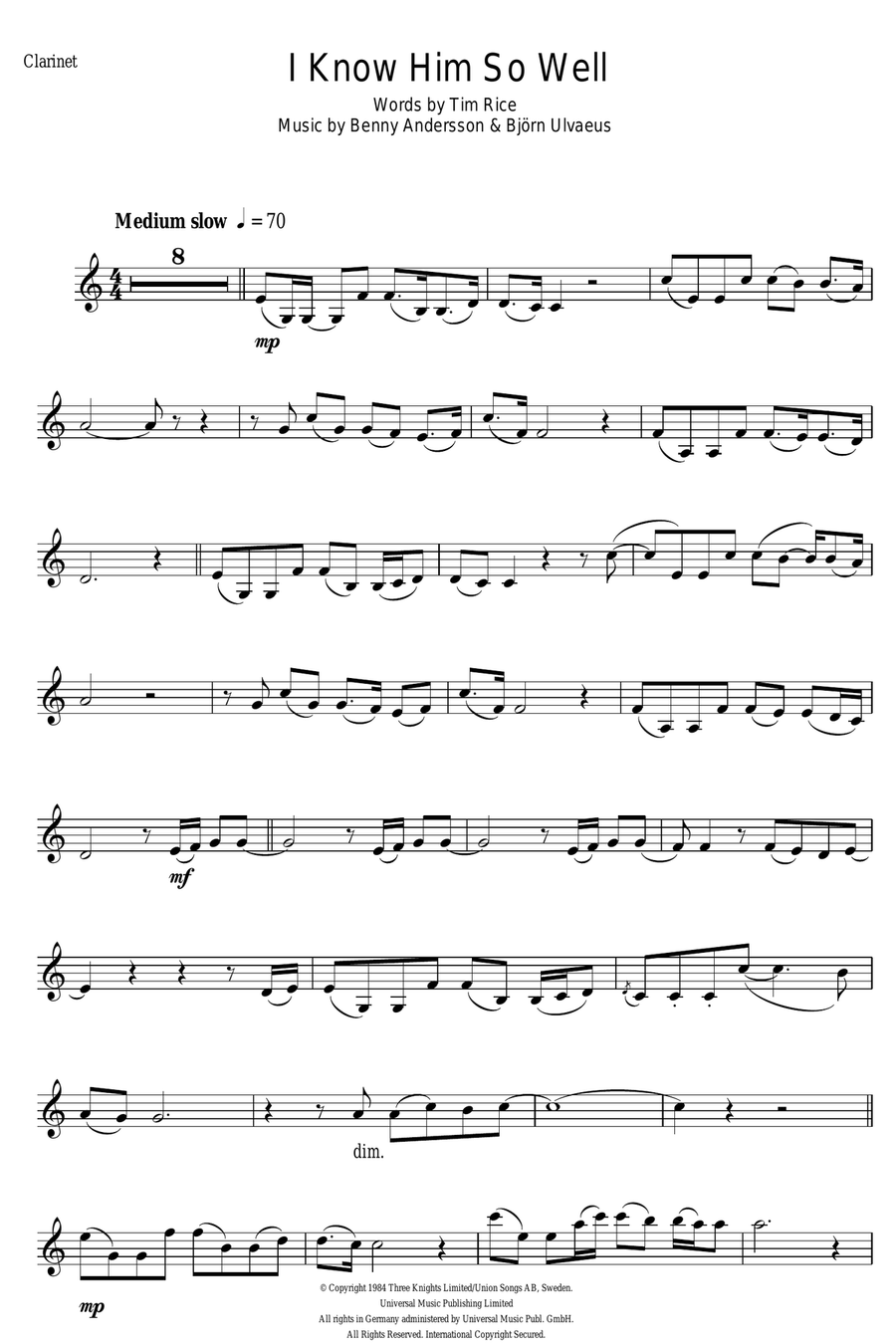 I Know Him So Well (from Chess) Clarinet Solo scores gallery preview page 1