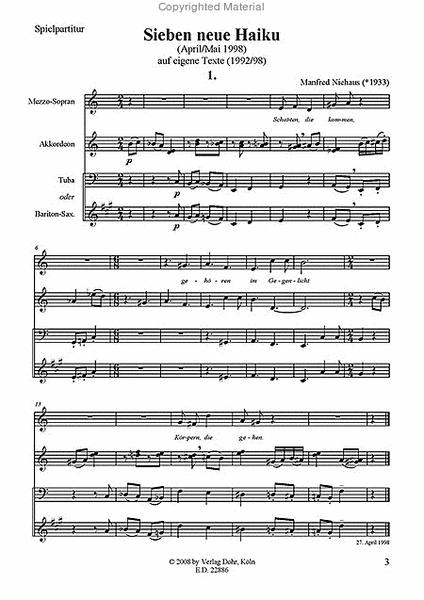 Sieben neue Haiku für Mezzosopran, Akkordeon, Tuba (oder Bariton-Sax.) (1992/98) (auf eigene Texte)