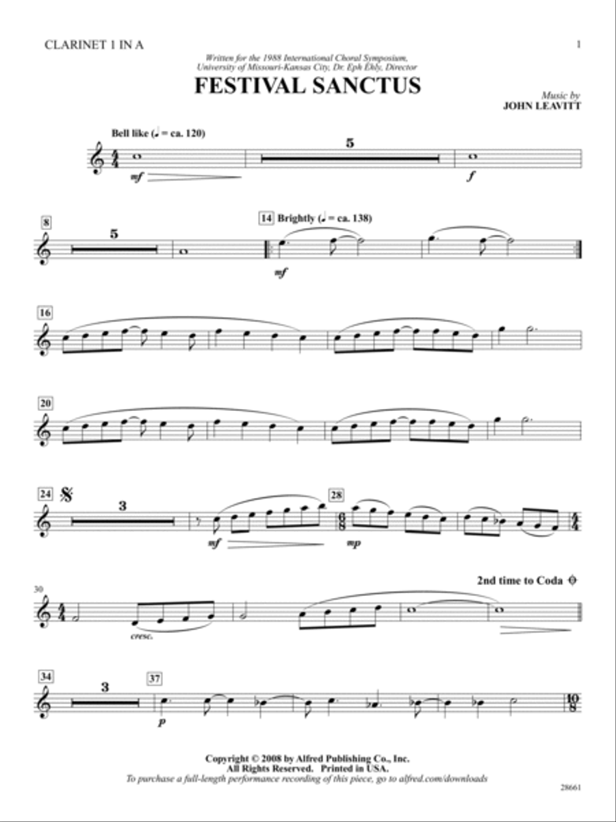 Festival Sanctus: 1st Clarinet in A A Clarinet scores gallery preview page 1