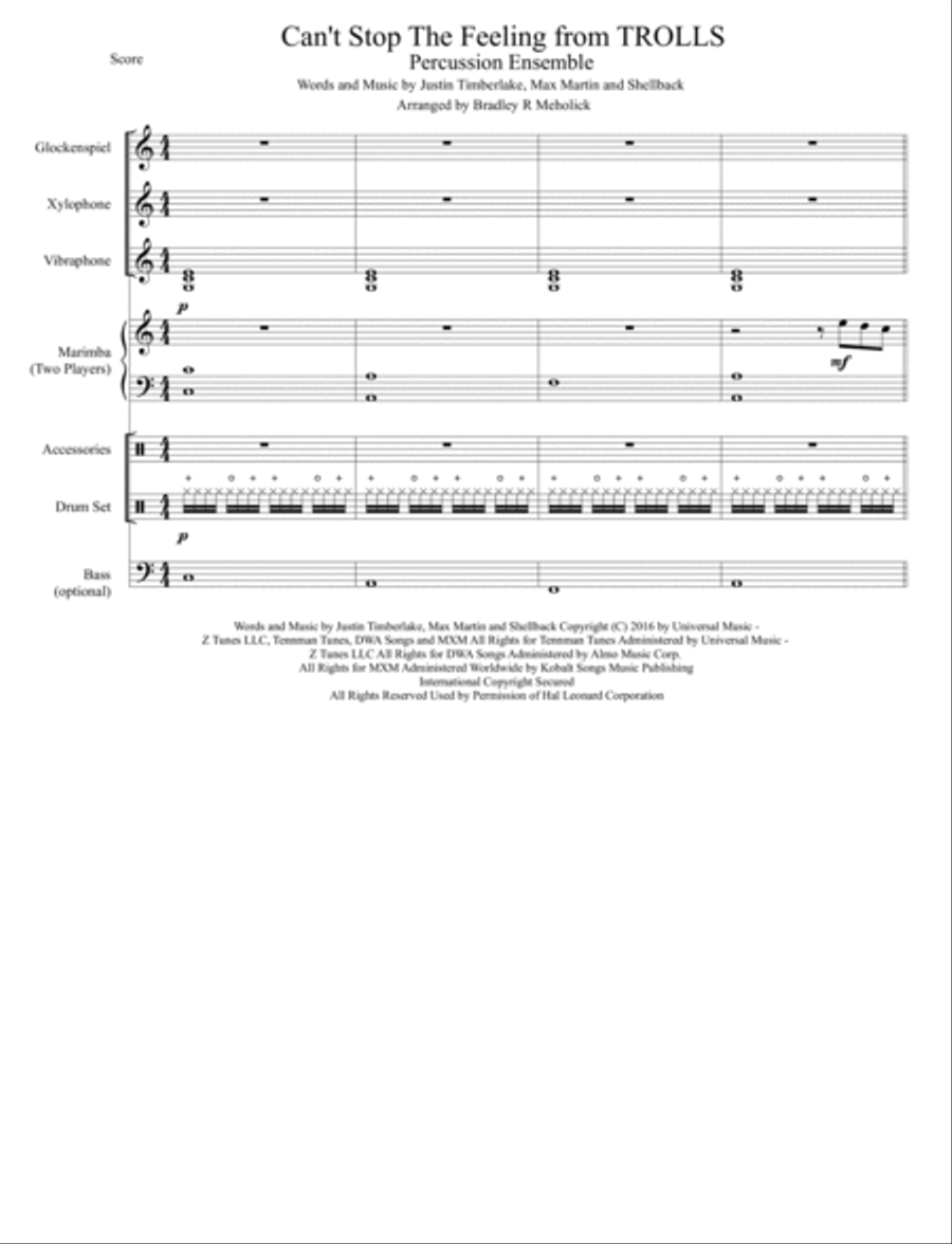 Can't Stop The Feeling from TROLLS Percussion Ensemble scores gallery preview page 1