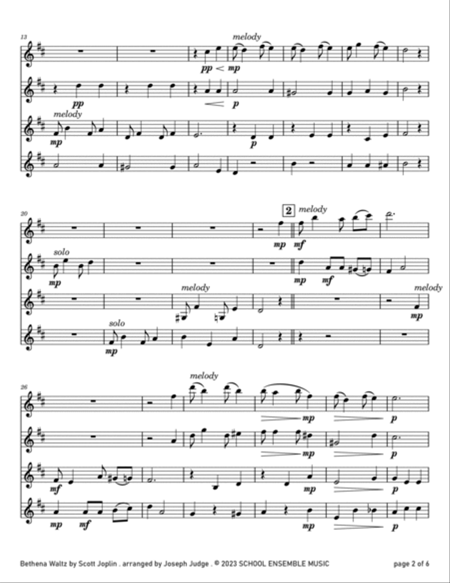 Bethena Waltz by Scott Joplin for Clarinet Quartet in Schools Clarinet Quartet scores gallery preview page 2