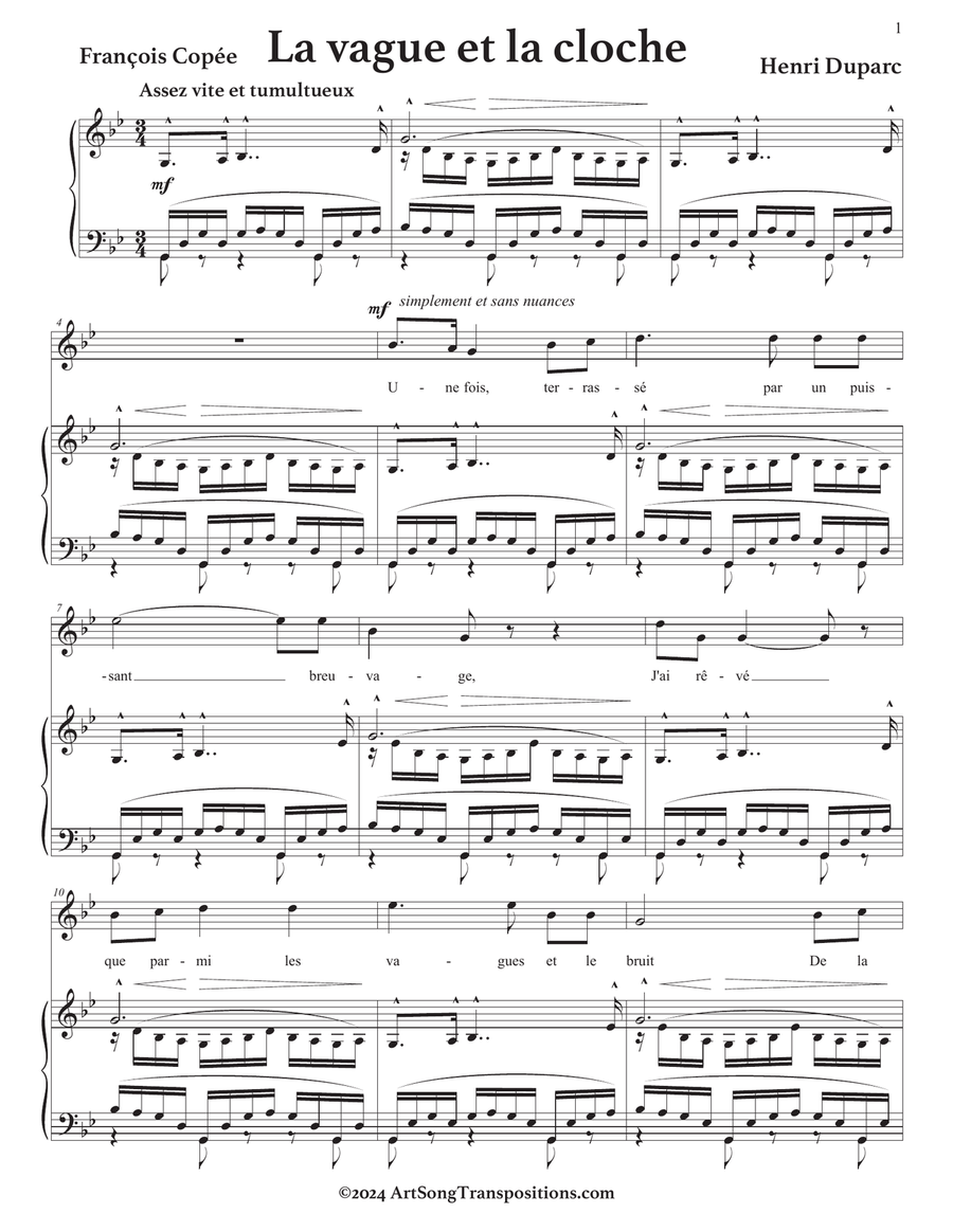 DUPARC: La vague et la cloche (transposed to G minor) Voice scores gallery preview page 2