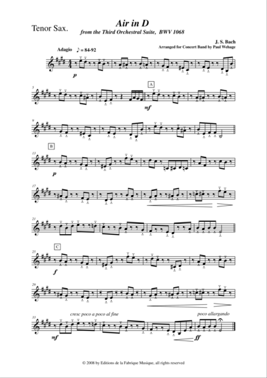 Johann Sebastian Bach/Wehage, Air in D from the Third orchestral suite, BWV 1068 arranged for concer Concert Band scores gallery preview page 1