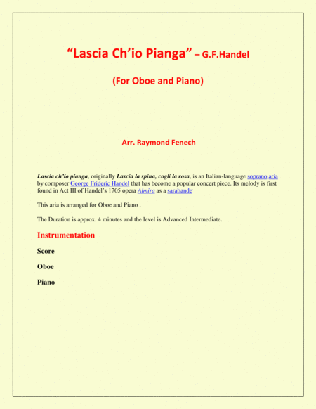 Lascia Ch'io Pianga - From Opera 'Rinaldo' - G.F. Handel ( Oboe and Piano) image number null