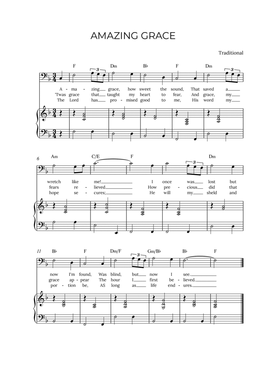 AMAZING GRACE - for piano and baritone in F major with chords image number null
