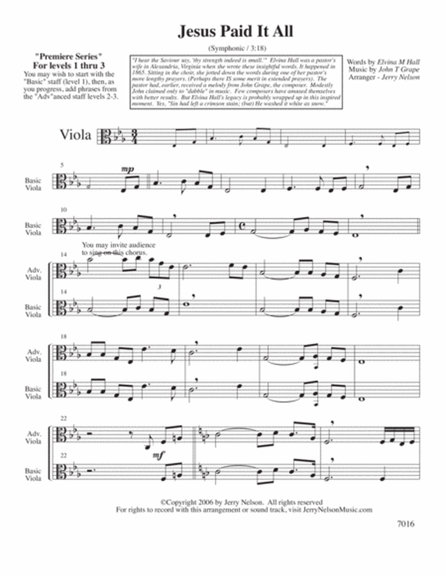 Jesus Paid It All (Arrangements Level 1-3 for VIOLA + Written Acc) Hymn image number null
