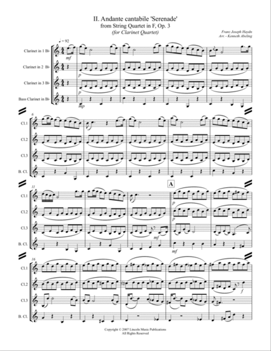 Haydn - “Serenade” (for Clarinet Quartet) Clarinet Quartet scores gallery preview page 2