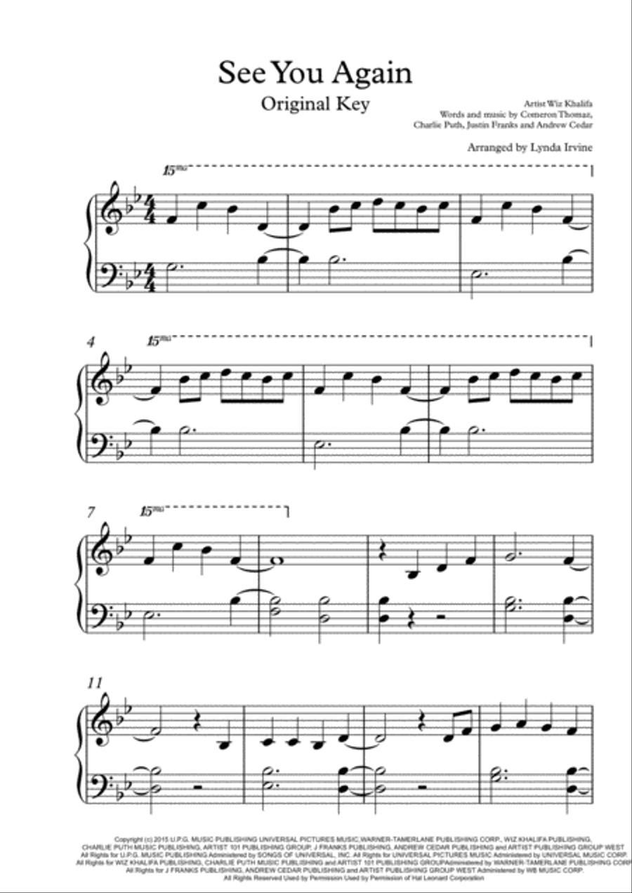 See You Again from FURIOUS 7 Easy Piano scores gallery preview page 1