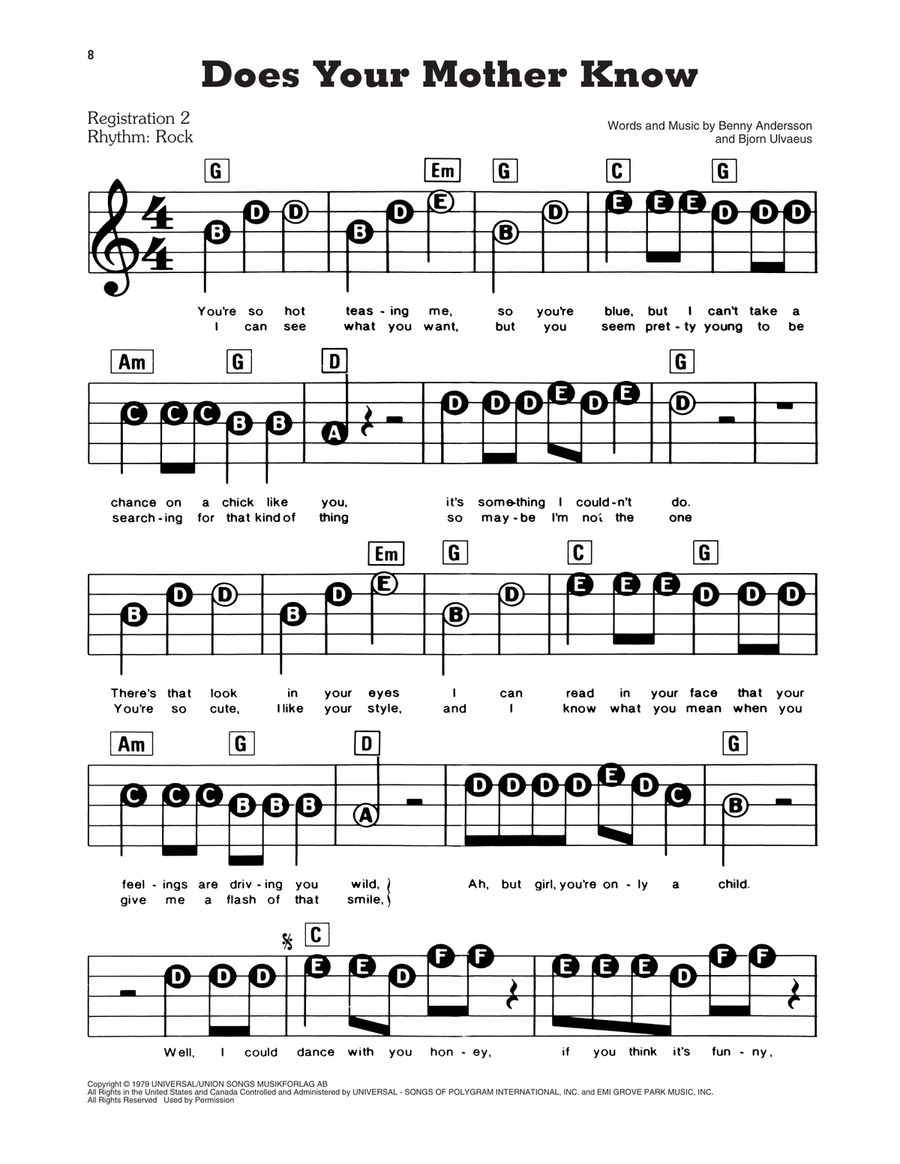 Does Your Mother Know (from Mamma Mia!) Electronic Keyboard scores gallery preview page 1