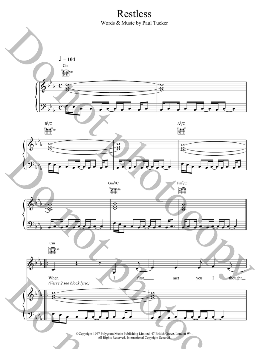 Restless Piano, Vocal, Guitar scores gallery preview page 1