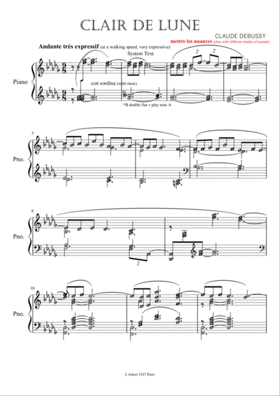 Clair De Lune (with note names alphabets and meanings) Original Version Piano Method scores gallery preview page 1