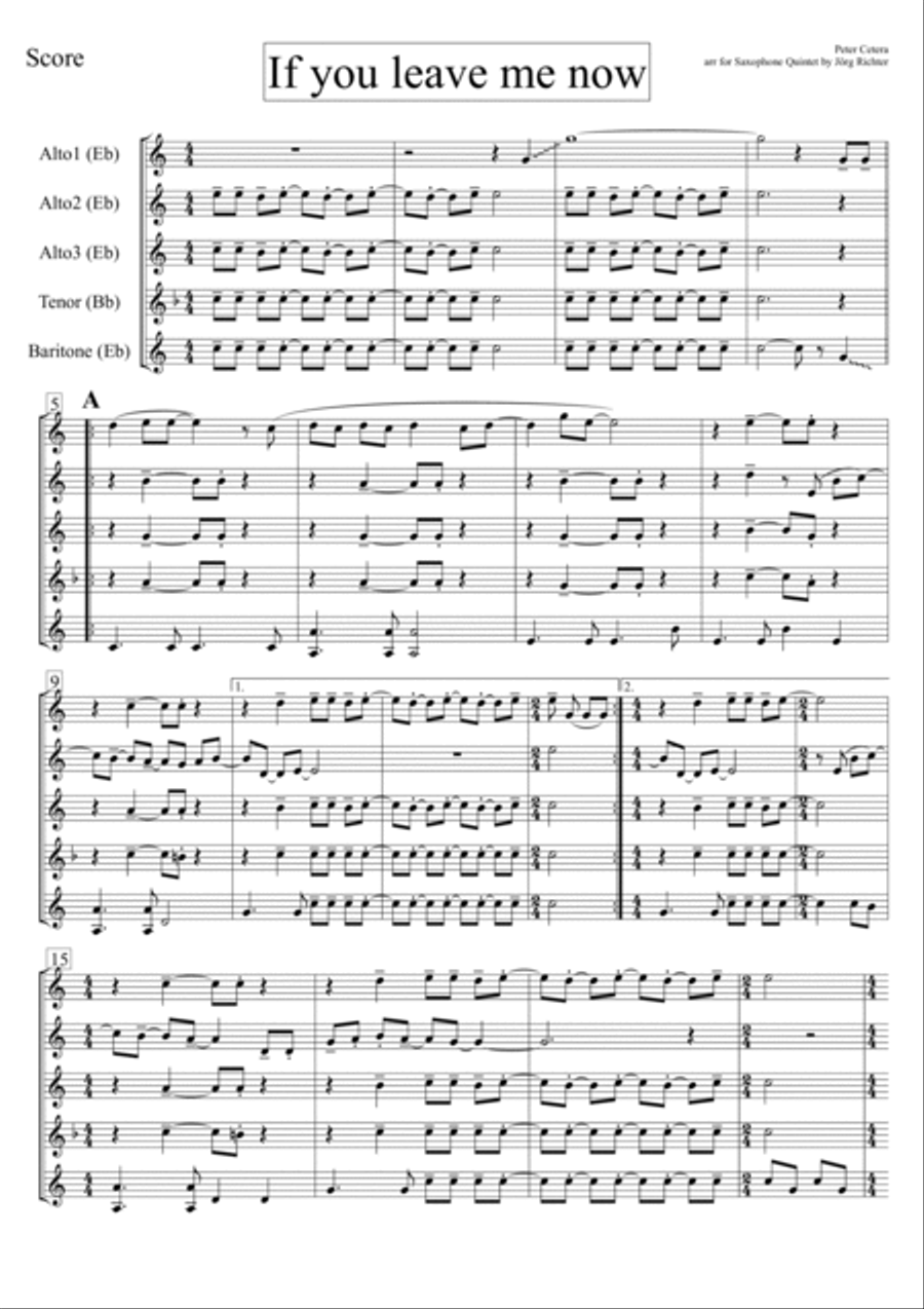 If You Leave Me Now Saxophone Quintet scores gallery preview page 2
