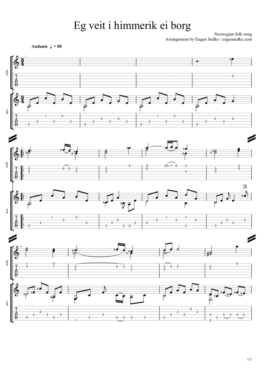 Eg veit i himmerik ei borg - Norwegian folk song for guitar duet Acoustic Guitar scores gallery preview page 1