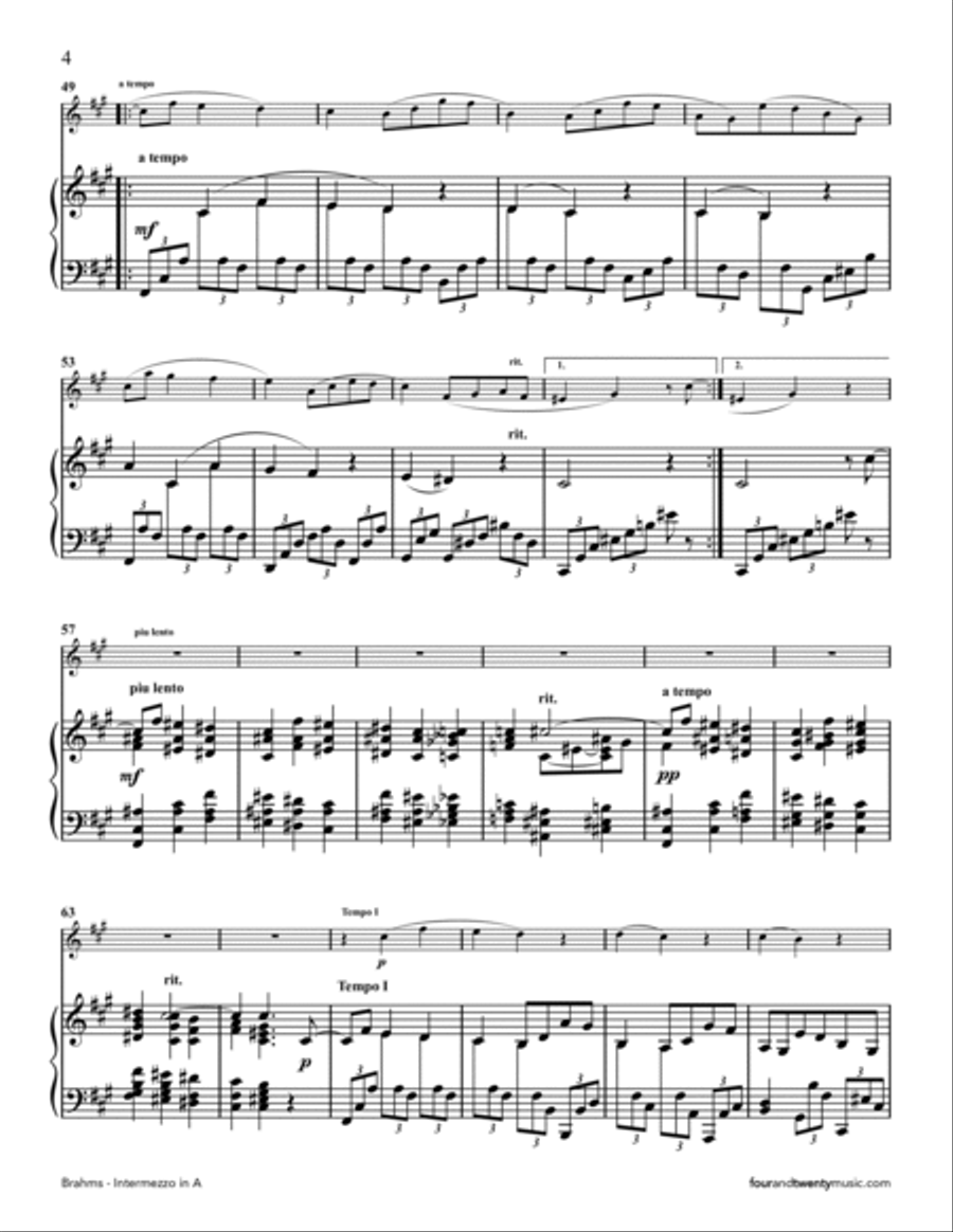 Intermezzo in A, opus 118 no 2 arranged for flute and piano Flute Solo scores gallery preview page 4