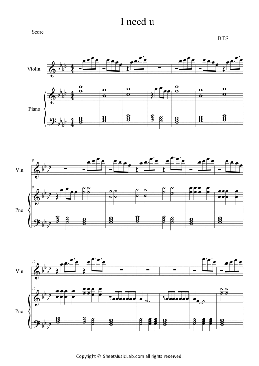 I Need U Violin Solo scores gallery preview page 1