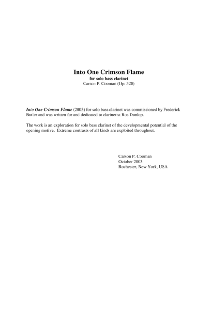 Carson Cooman: Into One Crimson Flame (2003) for solo bass clarinet Woodwind Quintet scores gallery preview page 1