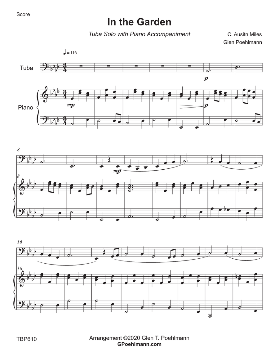 IN THE GARDEN - TUBA SOLO with Piano Accompaniment - Medium Easy Piano scores gallery preview page 1