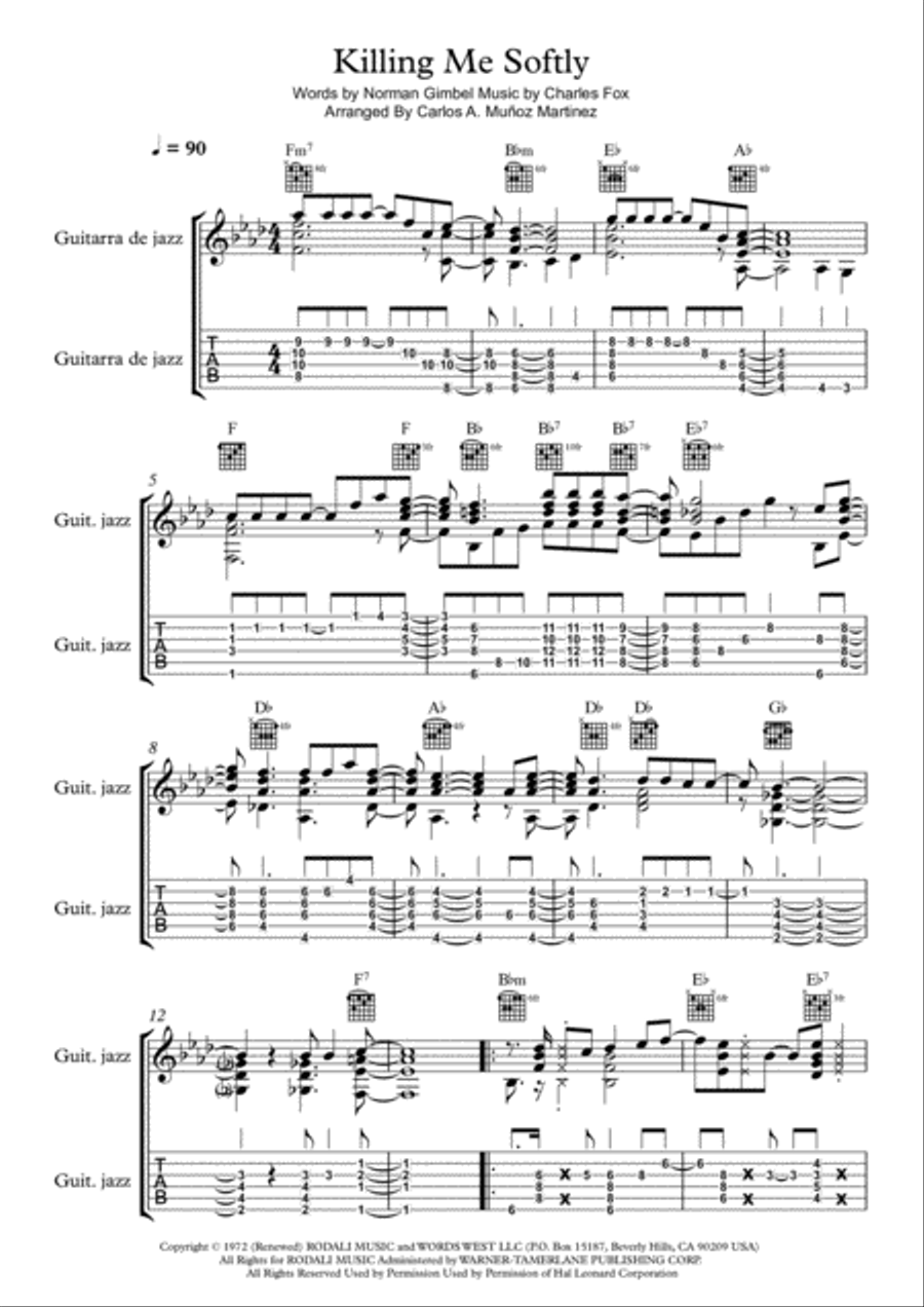 Killing Me Softly With His Song Guitar Tablature scores gallery preview page 1