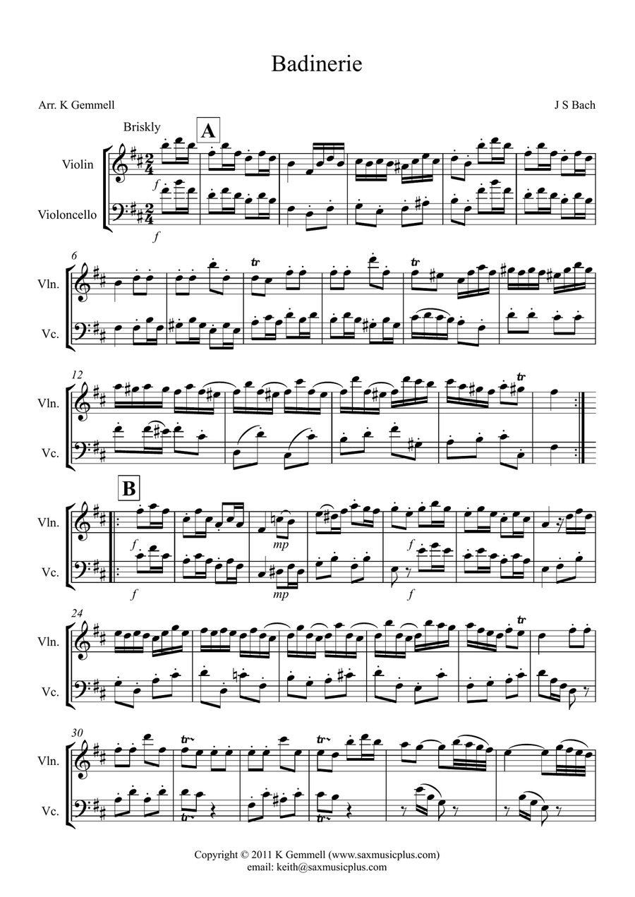 Badinerie – Violin & Cello Duet String Duet scores gallery preview page 1