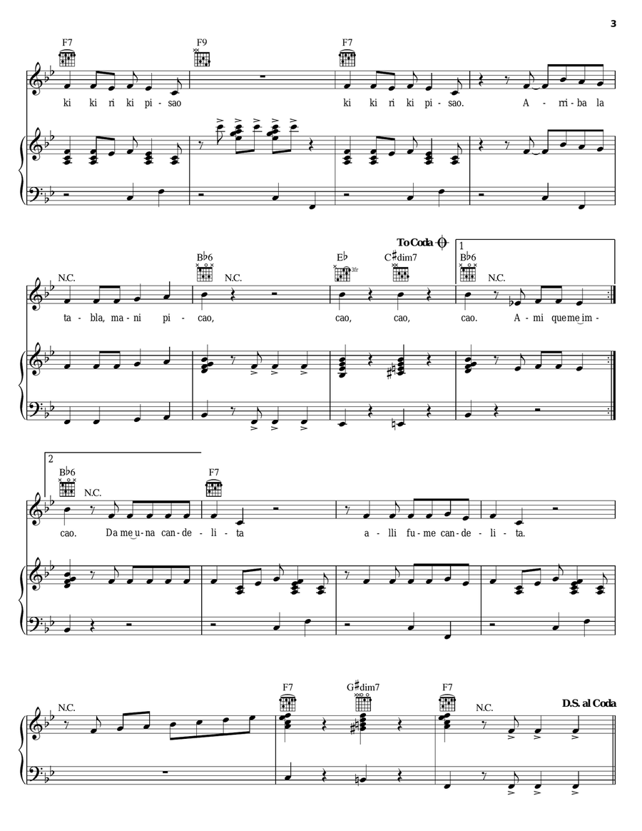 Cao, Cao Mani Picao Piano, Vocal, Guitar scores gallery preview page 3