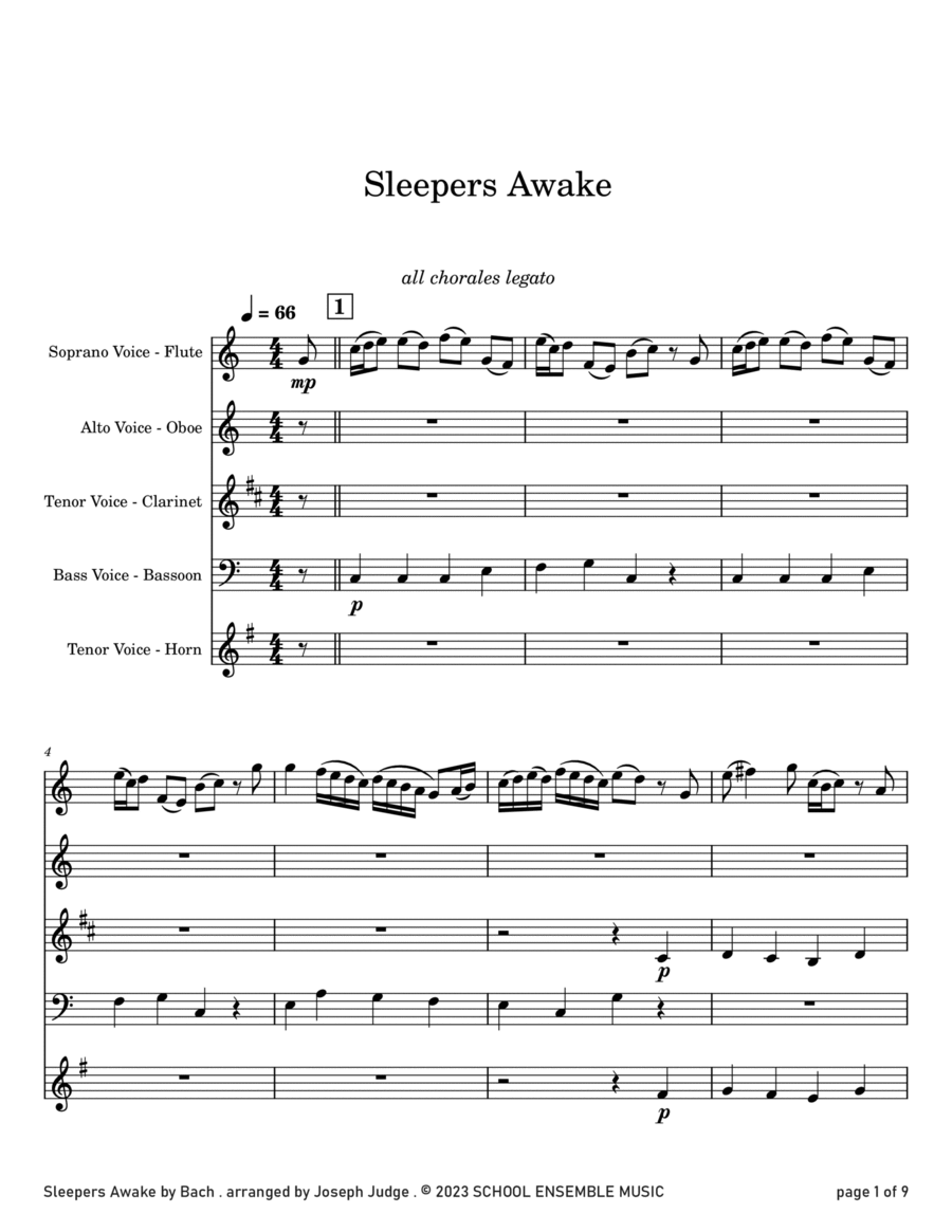 Sleepers Awake by Bach for Woodwind Quartet in Schools Woodwind Quartet scores gallery preview page 1