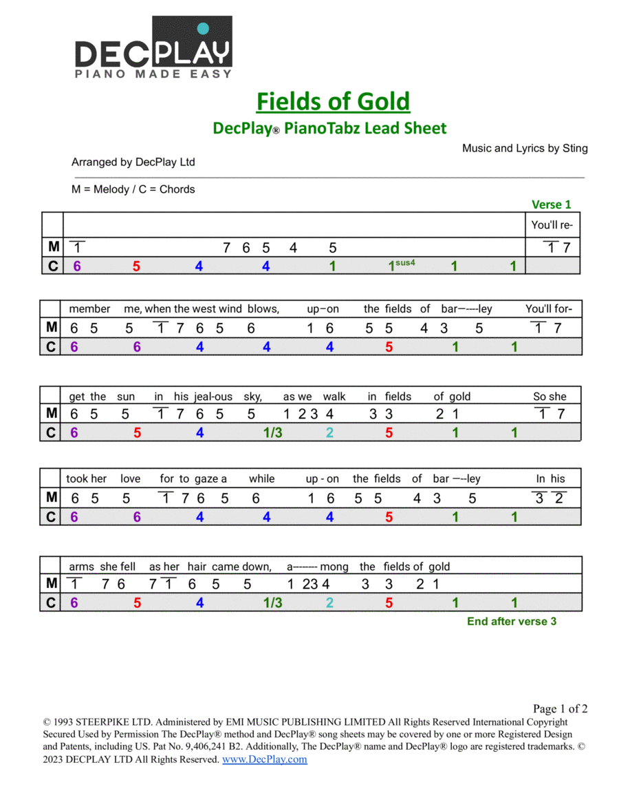 Fields Of Gold Easy Piano scores gallery preview page 1