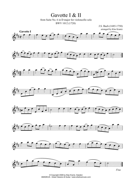 Gavotte 1 & 2 BWV 1012 for flute or violin solo image number null