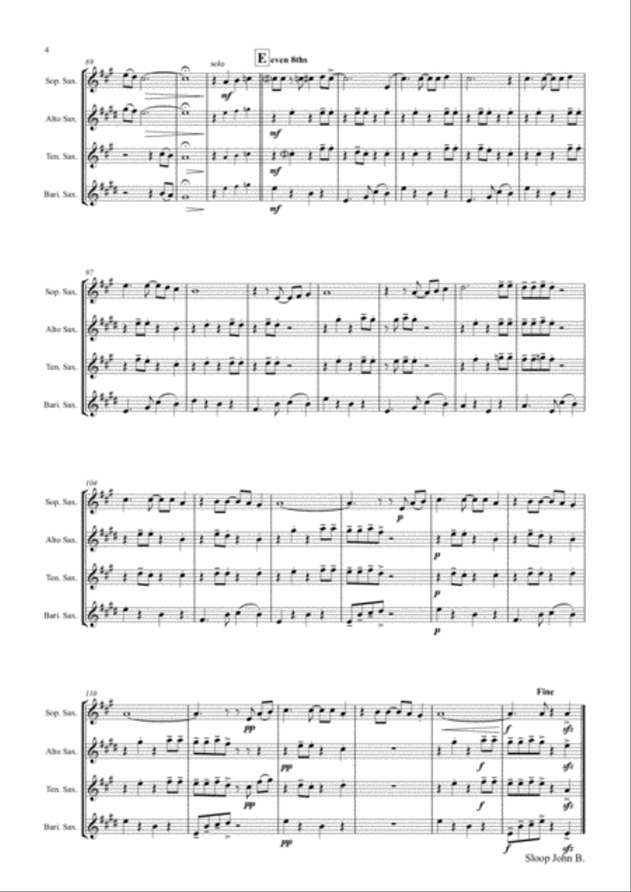 Sloop John B. - Caribian Folk Song - Saxophone Quartet Saxophone Quartet scores gallery preview page 4
