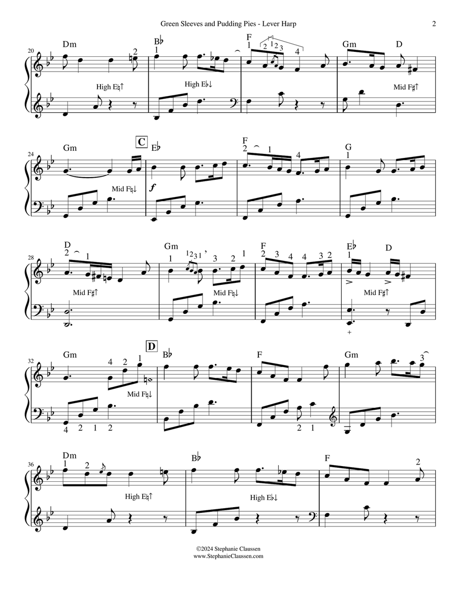 Greensleeves and Pudding Pies - intermediate harp solo Celtic Harp scores gallery preview page 3