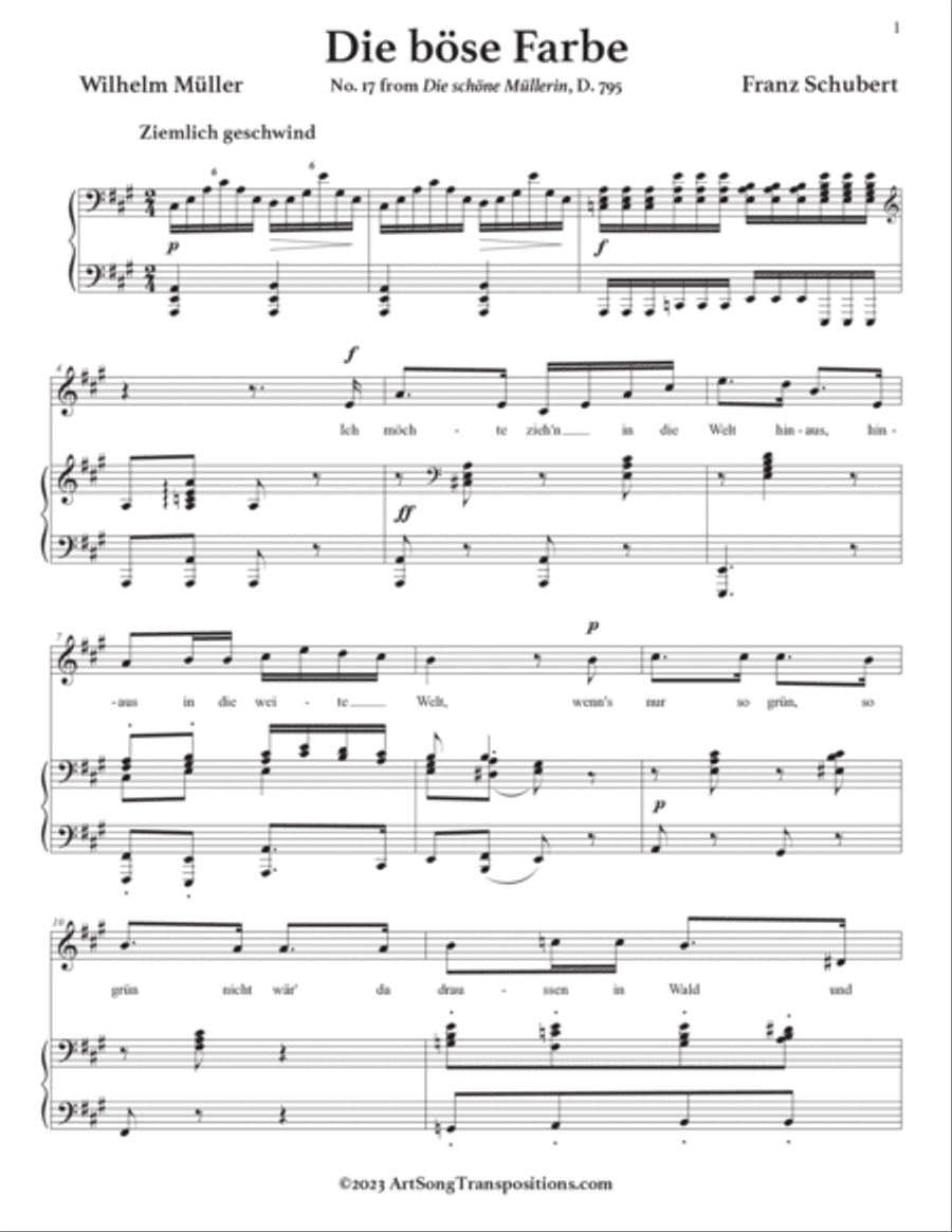 SCHUBERT: Die böse Farbe, D. 795 no. 17 (transposed to A major) Voice scores gallery preview page 2
