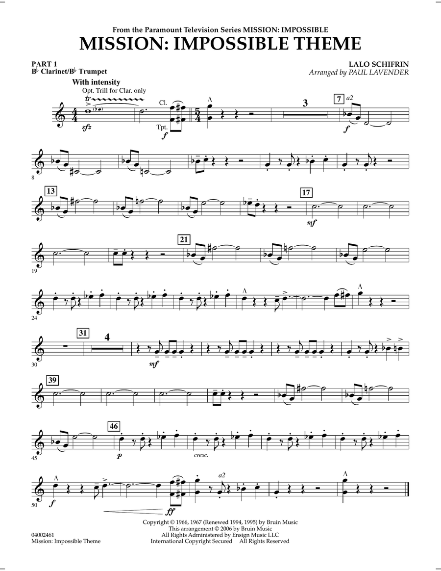 Mission: Impossible Theme (arr. Paul Lavender) - Pt.1 - Bb Clarinet/Bb Trumpet Concert Band scores gallery preview page 1