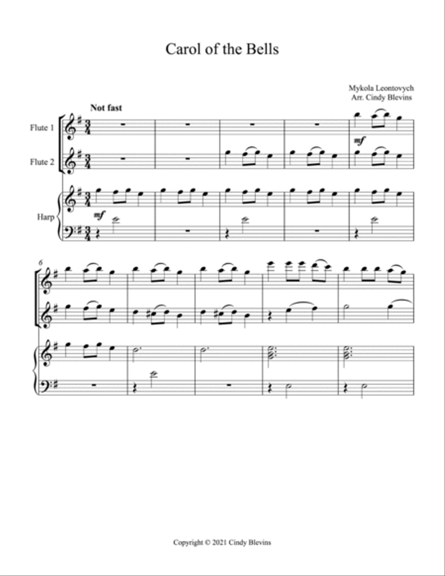 Carol Of the Bells, Two Flutes and Harp Flute Duet scores gallery preview page 2