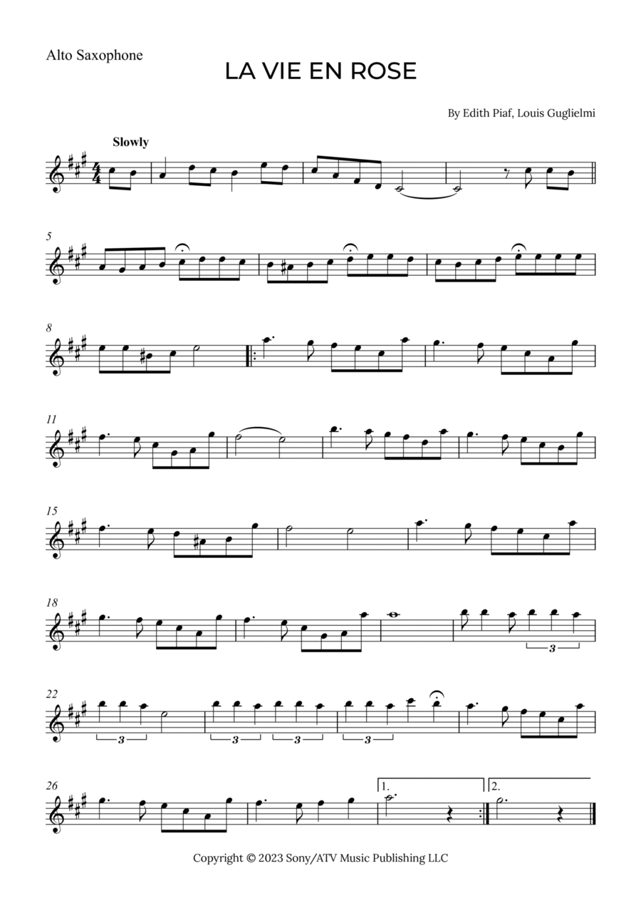 La Vie En Rose Alto Saxophone scores gallery preview page 1