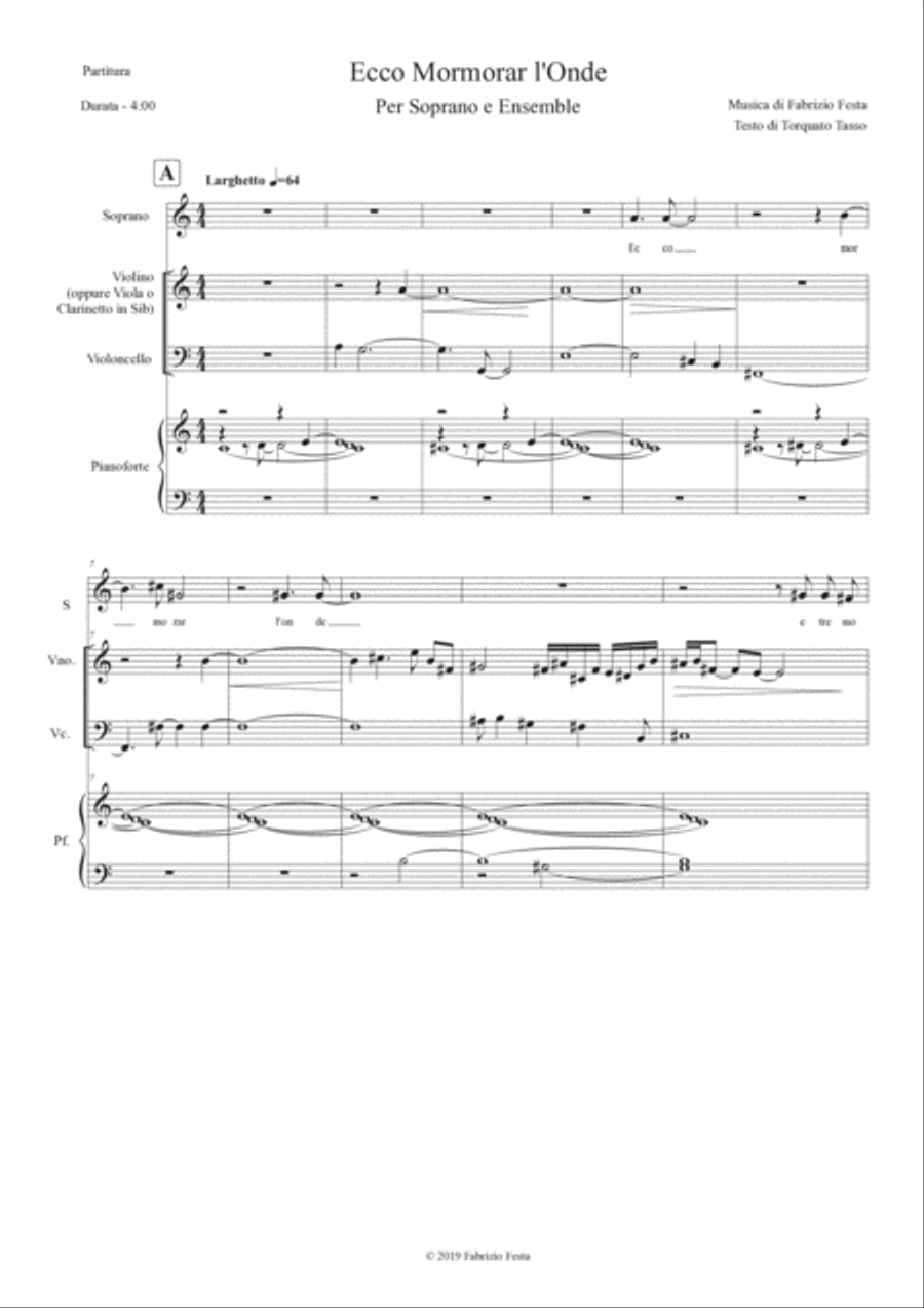 Fabrizio Festa: ECCO MORMORAR L’ONDE (ES-20-025) classical version - Score Only