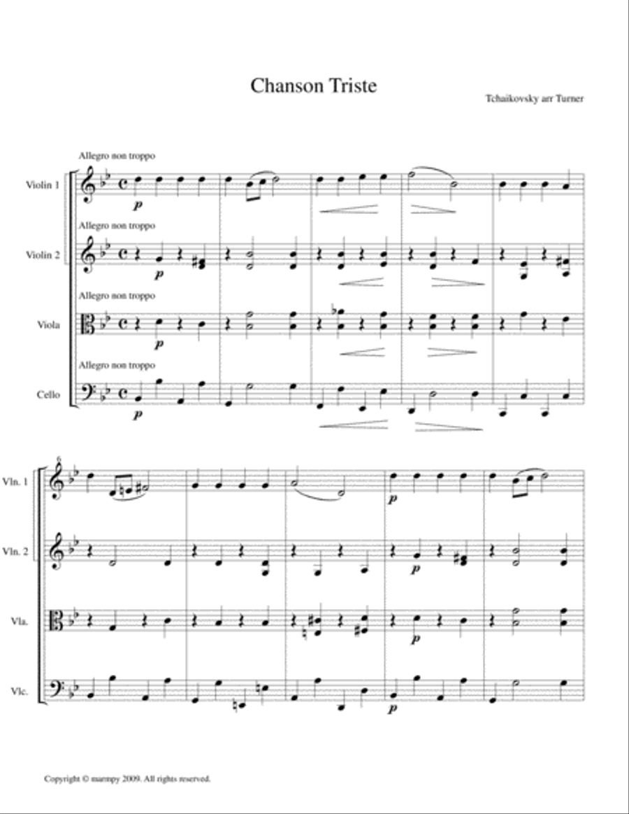 Chanson Triste by Tchaikovsky (arranged for String Quartet) String Quartet scores gallery preview page 1