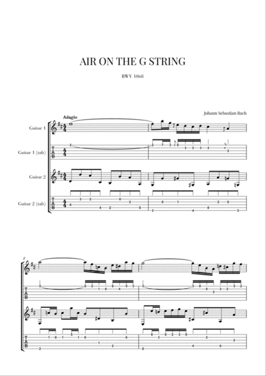 Bach: Air on the G String for Guitar Duo (2 Guitars) (Notation and Tabs) Acoustic Guitar scores gallery preview page 1