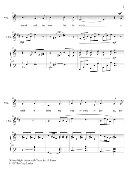 O HOLY NIGHT (Voice Solo with Tenor Sax & Piano - Score & Parts included) image number null