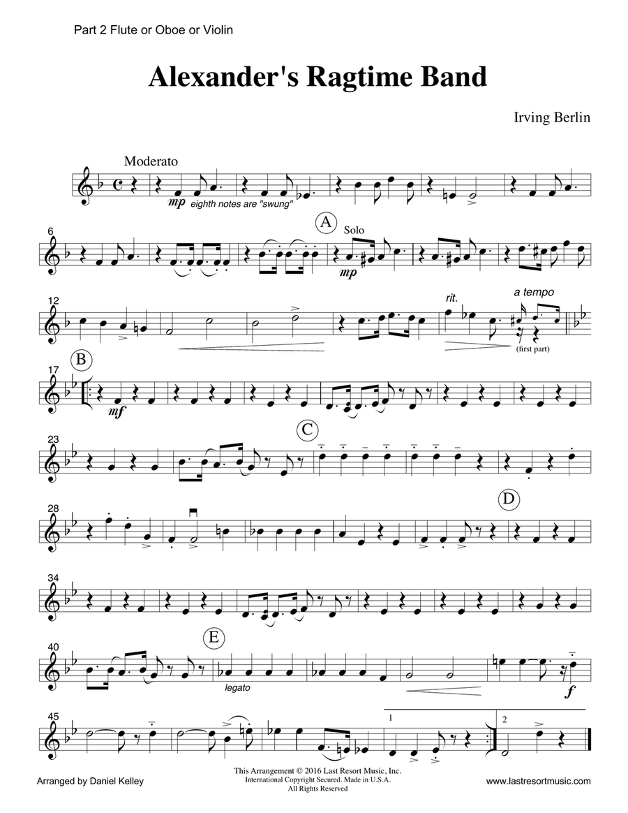 Alexander's Ragtime Band for Woodwind, String, and Piano Trio Full Set of Parts