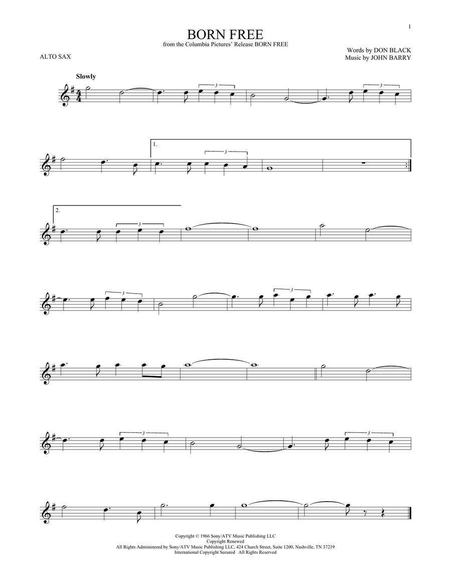 Born Free Alto Saxophone scores gallery preview page 1